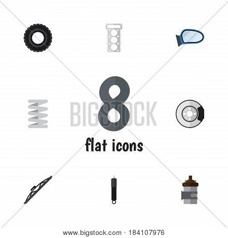 Flat Component Set Of Wheel, Windshield, Crankshaft And Other Vector Objects. Also Includes Auto, Metal, Engine Elements.