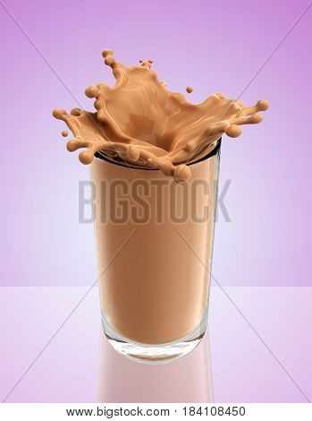 Splash of chocolate milk from the glass .Pink background. 3d rendering