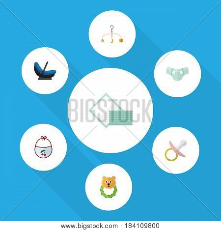 Flat Child Set Of Mobile, Pram, Napkin And Other Vector Objects. Also Includes Pinny, Mobile, Pacifier Elements.