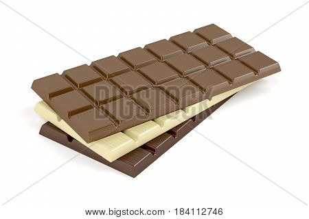 White brown and dark chocolate bars on white background, 3D illustration