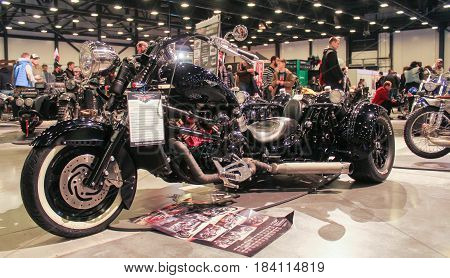 St. Petersburg Russia - 15 April, Big black tricycle,15 April, 2017.
International Motor Show IMIS-2017 in Expoforurum.
Motorcycles and motoconcepts presented at St. Petersburg Motor Show.