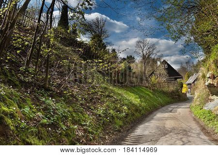 path to wooden cottages in sunny spring afternoon in village Karba in spring czech tourist area Machuv kraj