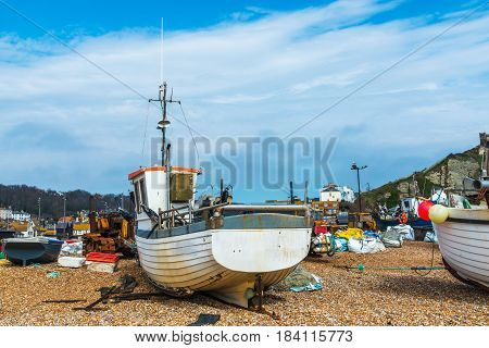 Fishing Boats On The Shore, Pebble Beach, Wooden Boats, Fishing And Tourist Industry