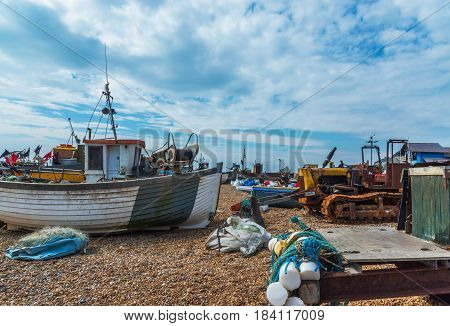 Fishing Boats On The Shore, Pebble Beach, Wooden Boats, Fishing And Tourist Industry