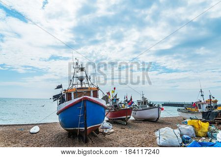 Fishing Boats On The Shore, Pebble Beach, Wooden Boats, Fishing And Tourist Industry
