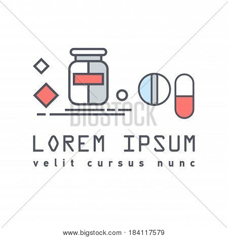 Vector flat icon of medical bottle of pills, vitamins, capsules, lozenges. Medication care for the human body. Vitamin course