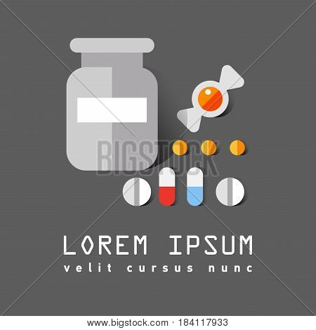 Vector flat icon of medical bottle of pills, vitamins, capsules, lozenges. Medication care for the human body. Vitamin course