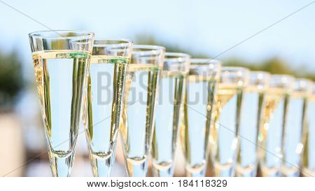 Many Glasses Of Champagne Or Prosecco Near Resort Pool In A Luxury Hotel. Pool Party.
