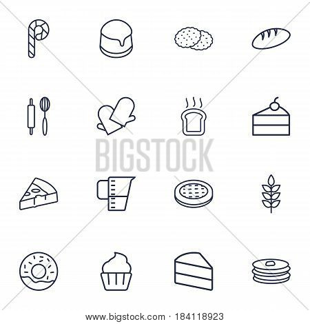 Set Of 16 Oven Outline Icons Set.Collection Of Donuts, Toast, Cheesecake And Other Elements.