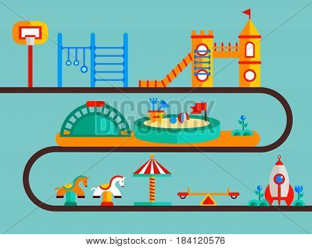Children s playground. Teeter board, swings, sandbox, umbrella, rocket-house, castle and bench also toy horse, horizontal bar for children, net basketball.