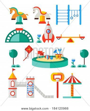 Children s playground. Teeter board, swings, sandbox, umbrella, rocket-house, castle and bench also toy horse, horizontal bar for children, net basketball.