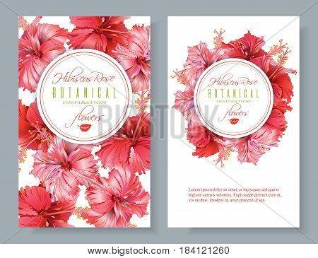 Vector red tea vertical banners with hibiscus flowers on white background. Botanic frame. Design for packaging, tea shop. Can be used as dreeting card and wedding invitation. With place for text
