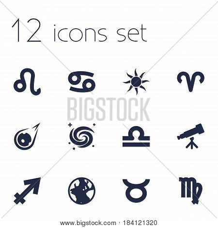 Set Of 12 Astrology Icons Set.Collection Of Archer, Earth Planet, Space And Other Elements.