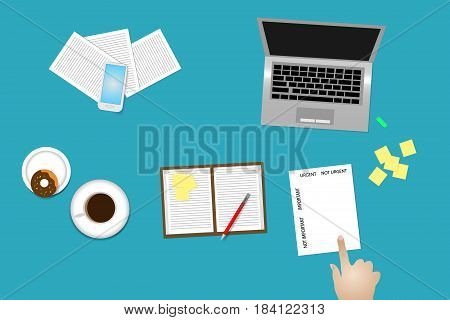 Office desk top view with supplies coffee cup and donut. Finger is pointing paper with time management method Important and urgent.