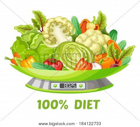 Light vegetable diet concept with carrot cabbage cucumber pumpkin pepper tomato broccoli cauliflower radish beet on scales isolated vector illustration