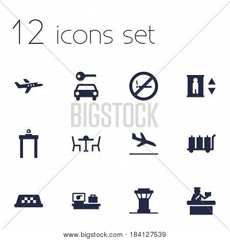 Set Of 12 Aircraft Icons Set.Collection Of Letdown, Luggage Check, Metal Detector And Other Elements.