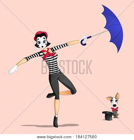 A girl mime performing a pantomime called flying with umbrella