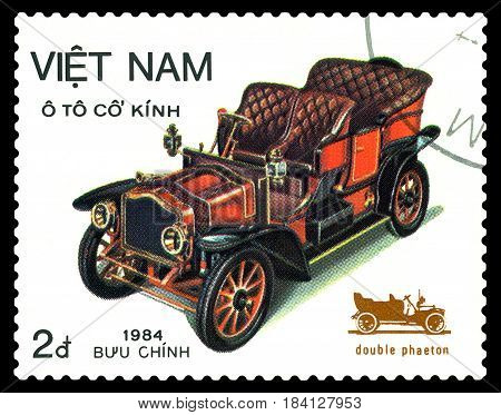 STAVROPOL RUSSIA - April 21 2017: a stamp printed by Vietnam shows old-time classical car Double phaeton circa 1984