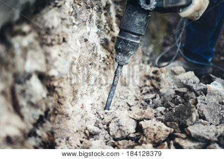 Close Up Details Of Construction Site With Picking Drill And Pneumatic Machinery