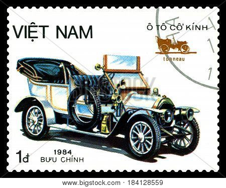 STAVROPOL RUSSIA - April 21 2017: a stamp printed by Vietnam shows old-time classical car Tonneau circa 1984