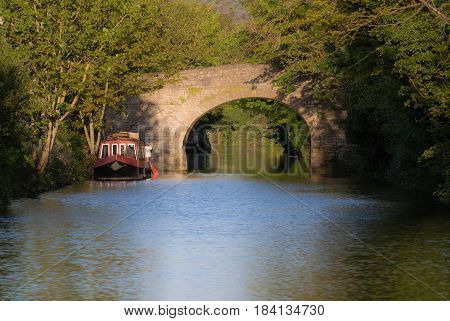 Narrow boats on River Avon with stone bridge. Springtime scene with in warm evening sun on the outskirts of Bath in Somerset UK