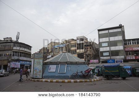 DELHI INDIA - JUN 11 : morning city scene on Hauz Quzi chowk at chawri bazar in old delhi on june 11 2015 india. old delhi is area of old city of Delhi