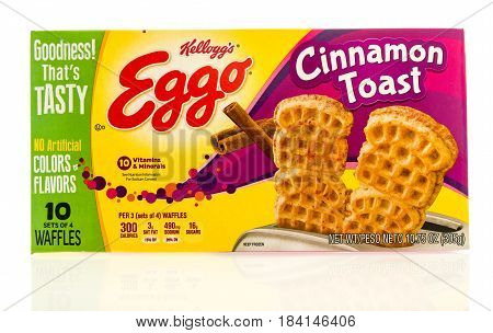 Winneconne WI - 22 April 2017: Box of Eggo waffles in cinnamon toast flavor on an isolated background.