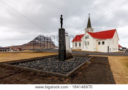 REYKJAVIK ICELAND - APRIL 13 2017: Church in Grundarfjordur a small town situated in the north of the Snaefellsnes peninsula in the west of Iceland.