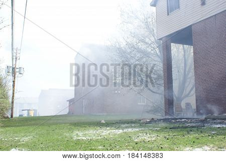 SMITHS FALLS ON CANADA APRIL 28 2017 - One of several editorial images recorded at the scene of an apartment building fire in this small town.