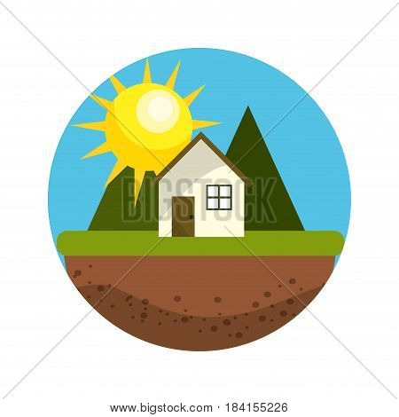 cute hause with mountains and sun, vector illustration design