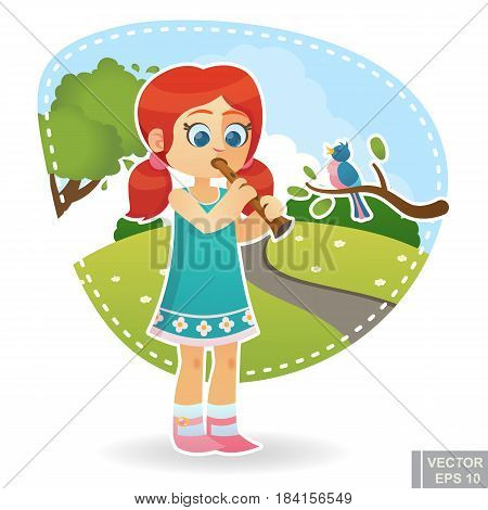 Cartoon Cute Little Child Kid Enjoying Summer Outdoor In Park Play Flute With Singing Bird