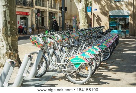 Avignon, France, September 9, 2016: short term bike rental in the old town of Avignon