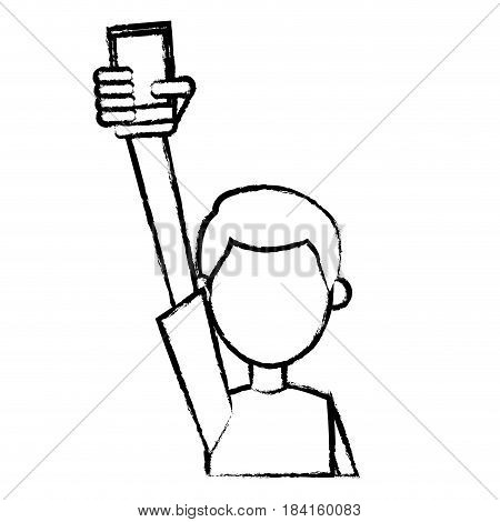 character man holding cellphone in hand sketch vector illustration