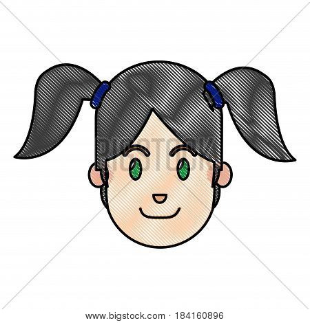 drawing face girl happy expression with ponytails vector illustration