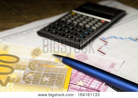 calculatorpencil and money on graffica the Dow Jones on forex market