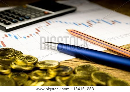 calculatorpencil and money on graffica the Dow Jones on forex market