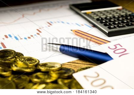calculatorpencil and money on graffica the Dow Jones on forex market