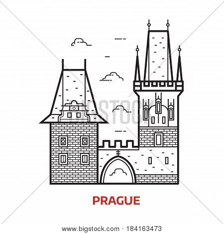Travel Prague landmark icon. Charles bridge towers on Vltava river is famous architectural tourist attraction in Czech Republic capital. Line Prague destination vector illustration in outline design.