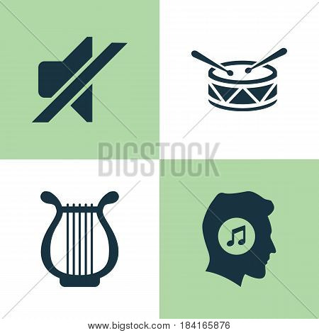 Multimedia Icons Set. Collection Of Lyre, Silence, Barrel And Other Elements. Also Includes Symbols Such As Drum, Meloman, Lover.