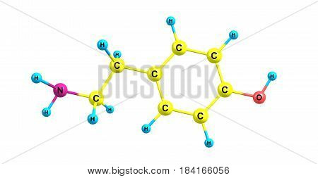 Tyramine is a naturally occurring trace amine derived from the amino acid tyrosine. 3d illustration