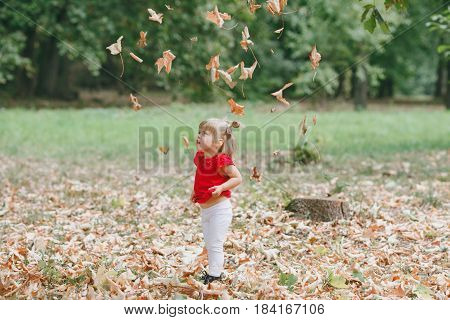 girl in a red dress walking and playing in the summer park