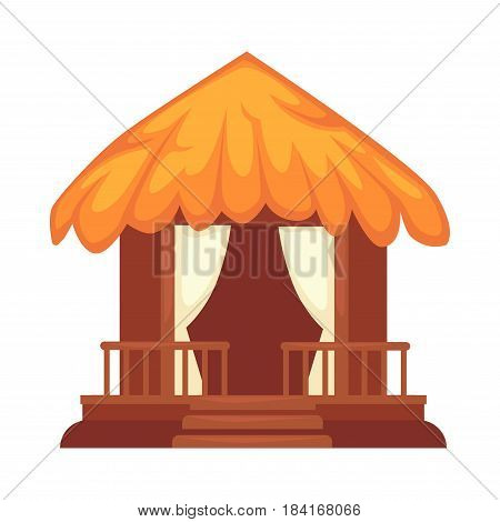 Wooden alcove in round shape with fence-like object, two beige curtains and stairs. Vector colorful illustration in flat design of garden house for relaxation with orange roof made of straws.