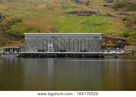Blaenau Ffestiniog Wales UK - April 27 2017: Ffestiniog Power Station and the Tan y Grisiau reservoir a pumped storage hydroelectricity scheme built in 1963 producing 360 megawatts operated by First Hydro