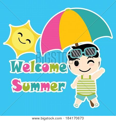 Cute Boy with colorful umbrella beach vector cartoon, Summer postcard, wallpaper, and greeting card, T-shirt design for kids