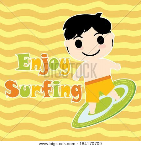 Cute Boy with surfing board vector cartoon, Summer postcard, wallpaper, and greeting card, T-shirt design for kids