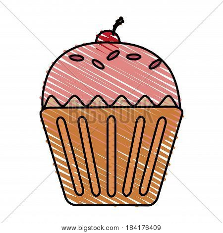 color drawing pencil cartoon cupcake with cherry vector illustration