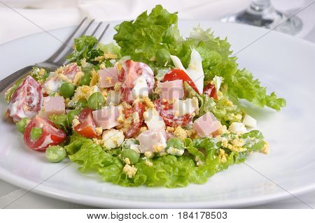 vegetable salad with ham and egg seasoned milk sauce