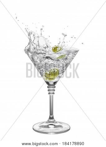 martini with olives in glass with splashes isolated on white background. Green olive is falling in the alcohol cocktail. Splash of martini from the falling olives