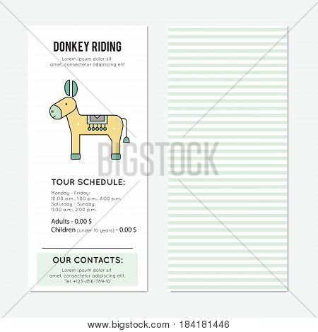 Donkey riding vector vertical banner template. The tour announcement. For travel agency products, tour brochure, excursion banner. Simple mono linear modern design.