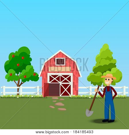 High quality original trendy vector illustration of farmer with showel near old Barn and green field with apple tree on background